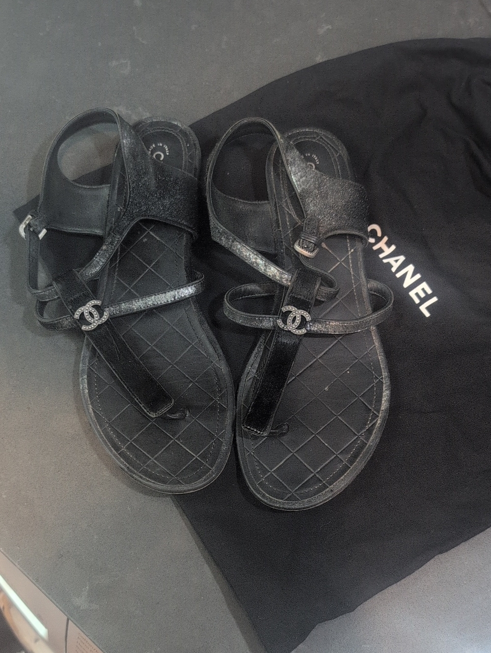 CHANEL Black Quilted T-Strap Sandals with CC Logo